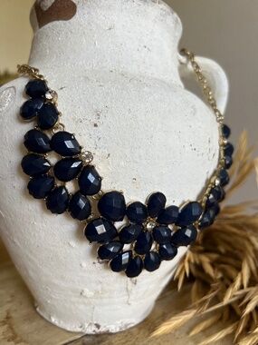 Navy Blue Crystal Cocktail Choker Gold Tone Necklace